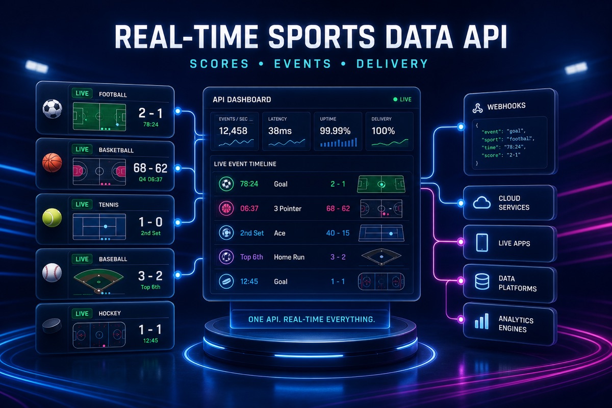 Real-time sports data API dashboard for scores, events, webhooks and reliable delivery