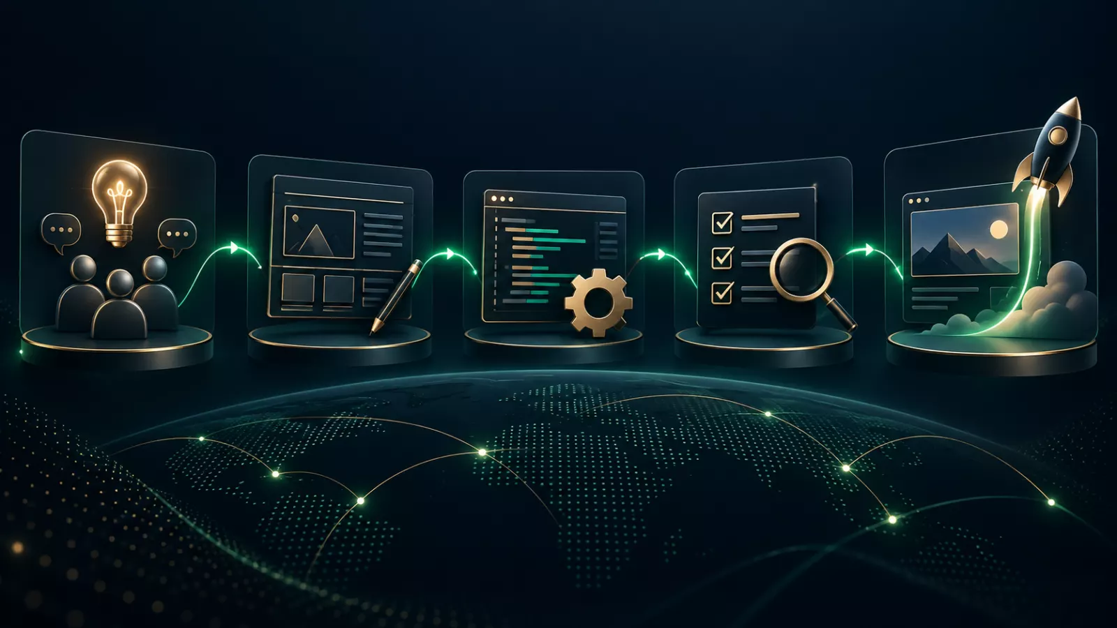 Dynamic website discovery, build, quality review and launch workflow illustration
