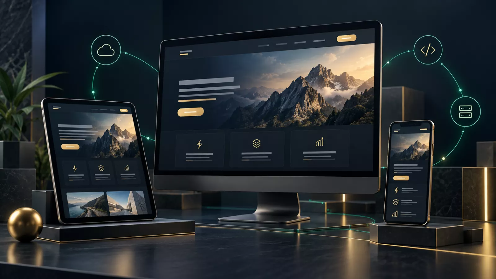 Dynamic website development responsive desktop tablet and mobile platform illustration