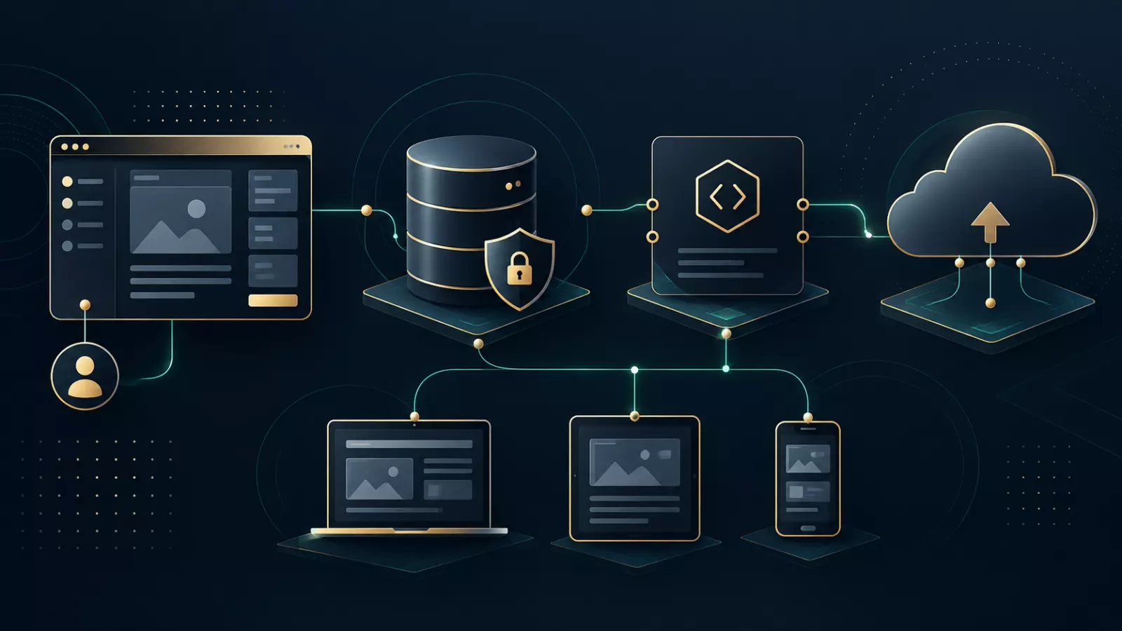 Dynamic website content, database and secure deployment architecture illustration