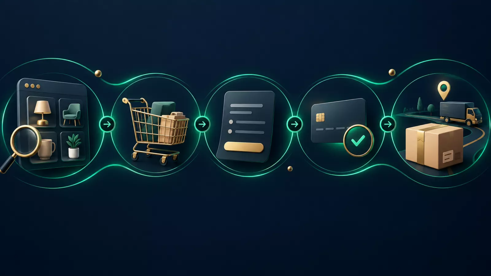 Ecommerce application customer checkout and package delivery workflow illustration