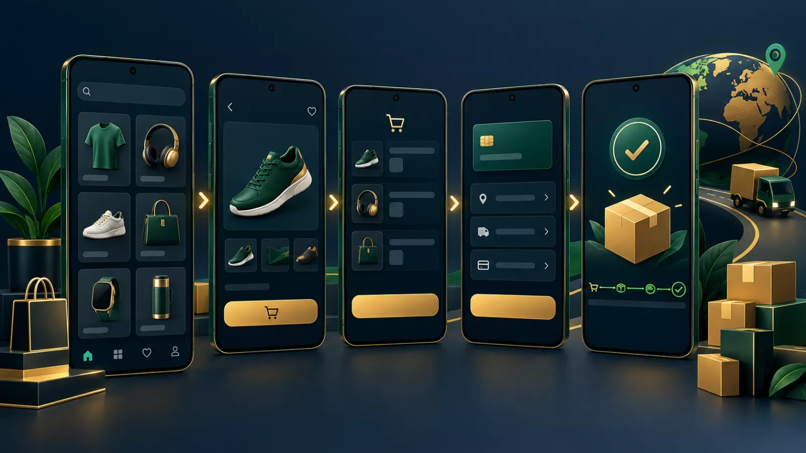 Mobile ecommerce application storefront and order workflow illustration