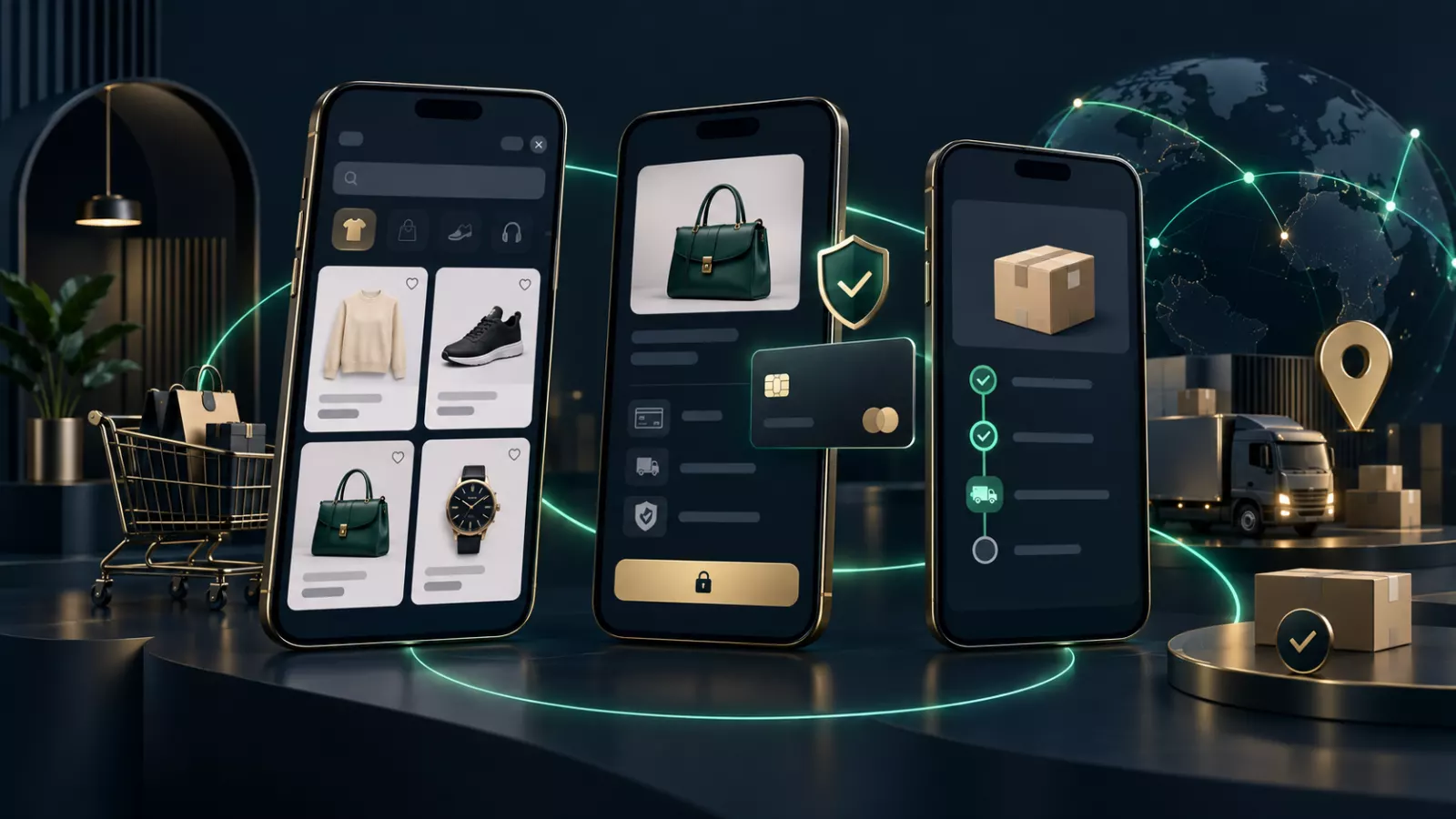 Ecommerce application shopping catalogue payment and delivery illustration