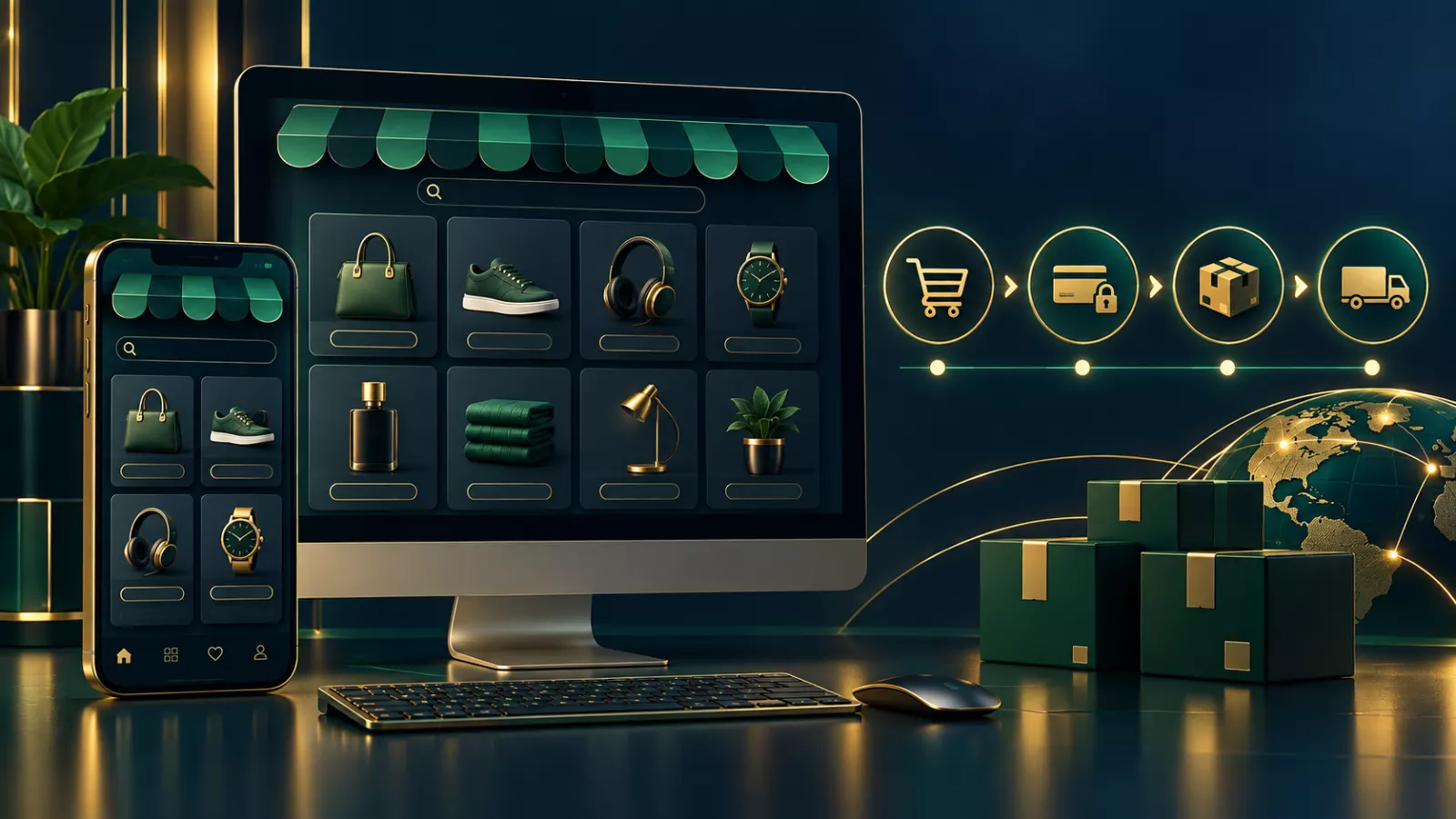 Ecommerce website responsive storefront and secure checkout illustration