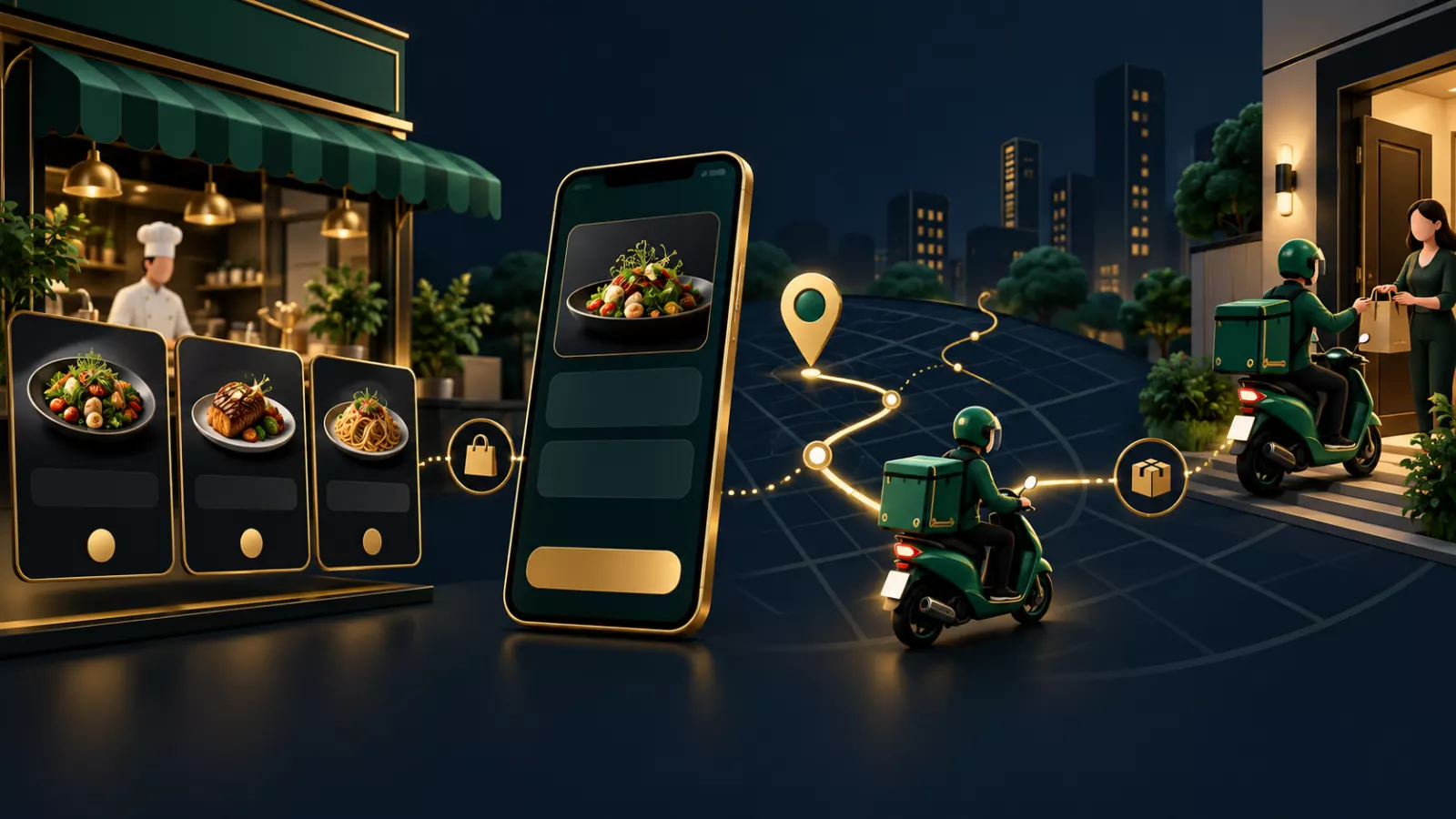 Restaurant food delivery application order and rider workflow illustration