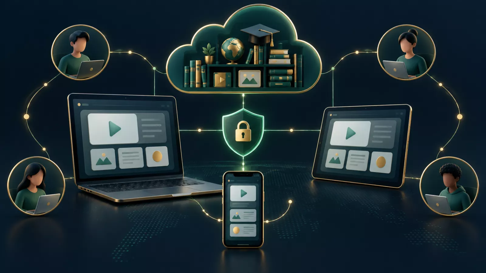 Learning management system secure multi-device platform illustration