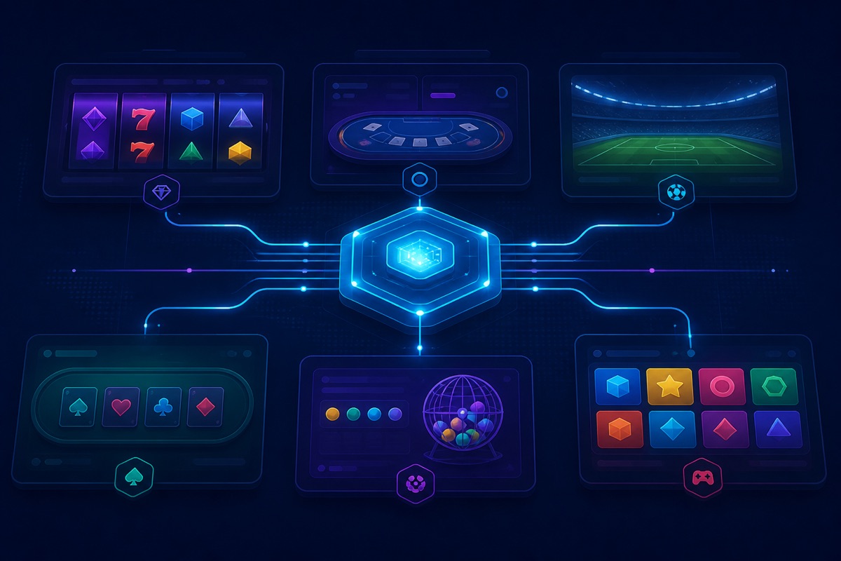 Illustration of one game aggregation API connecting multiple content categories