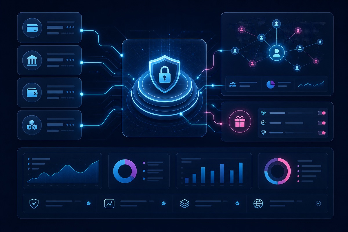Illustration of secure payment orchestration, affiliate management and loyalty analytics
