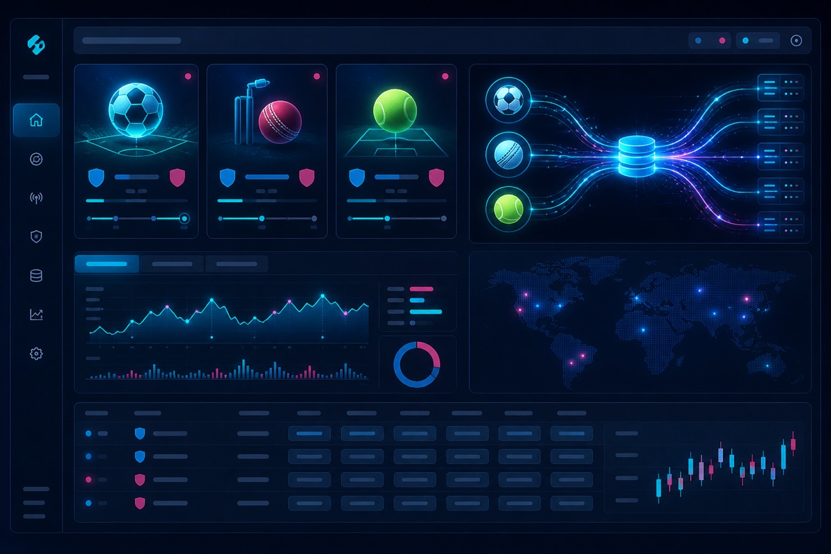 Illustration of a sportsbook operations dashboard with live sports data feeds