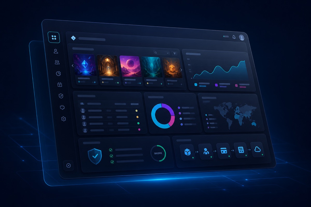 Illustration of a modular iGaming operator dashboard with game, analytics, user and compliance panels