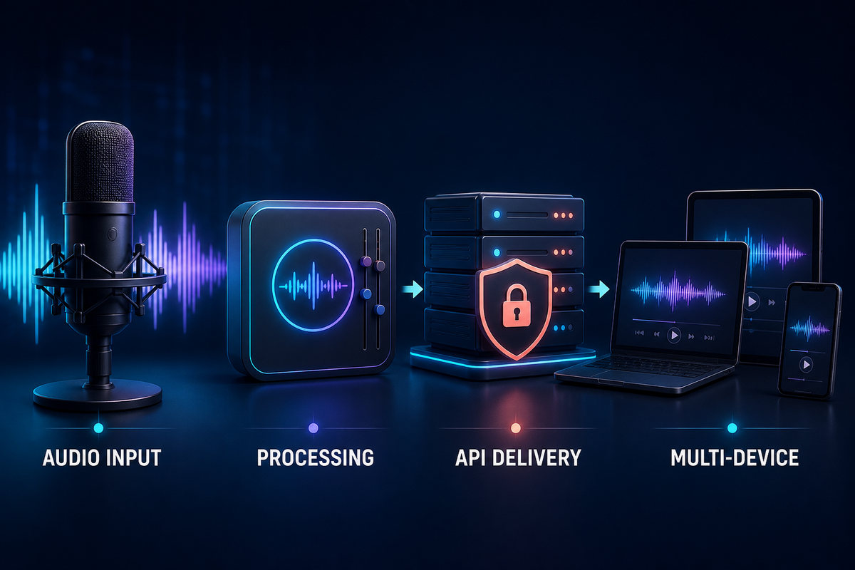 Audio API pipeline from input and processing through multi-device delivery