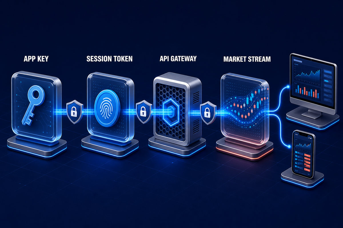 Betfair API access flow from app key and session token through the API gateway to the market stream