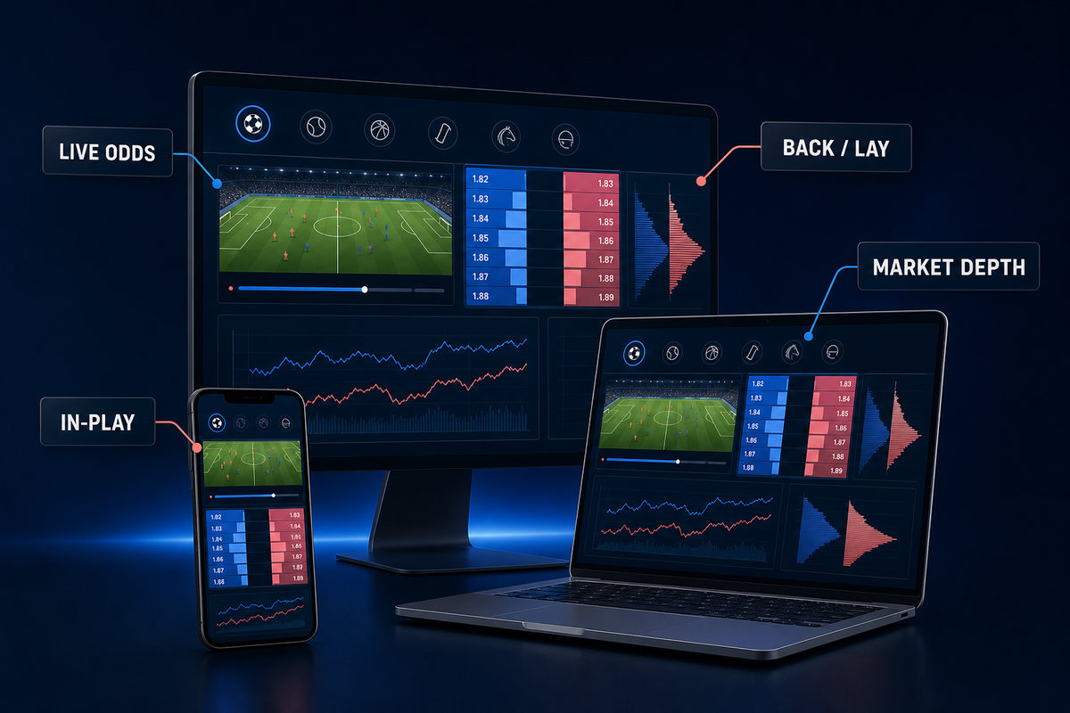 Betfair API market dashboard showing live odds, back and lay prices, market depth and in-play status