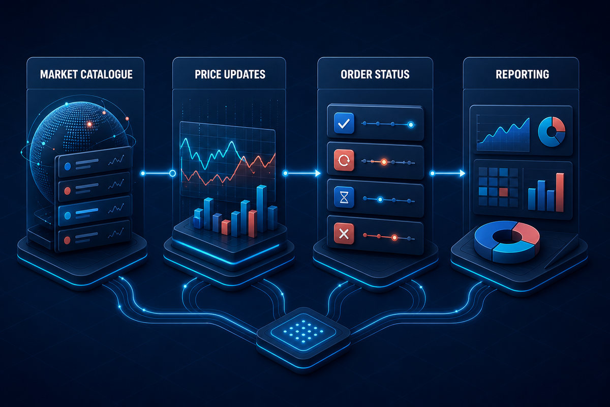 Betfair API operations flow for market catalogue, price updates, order status and reporting