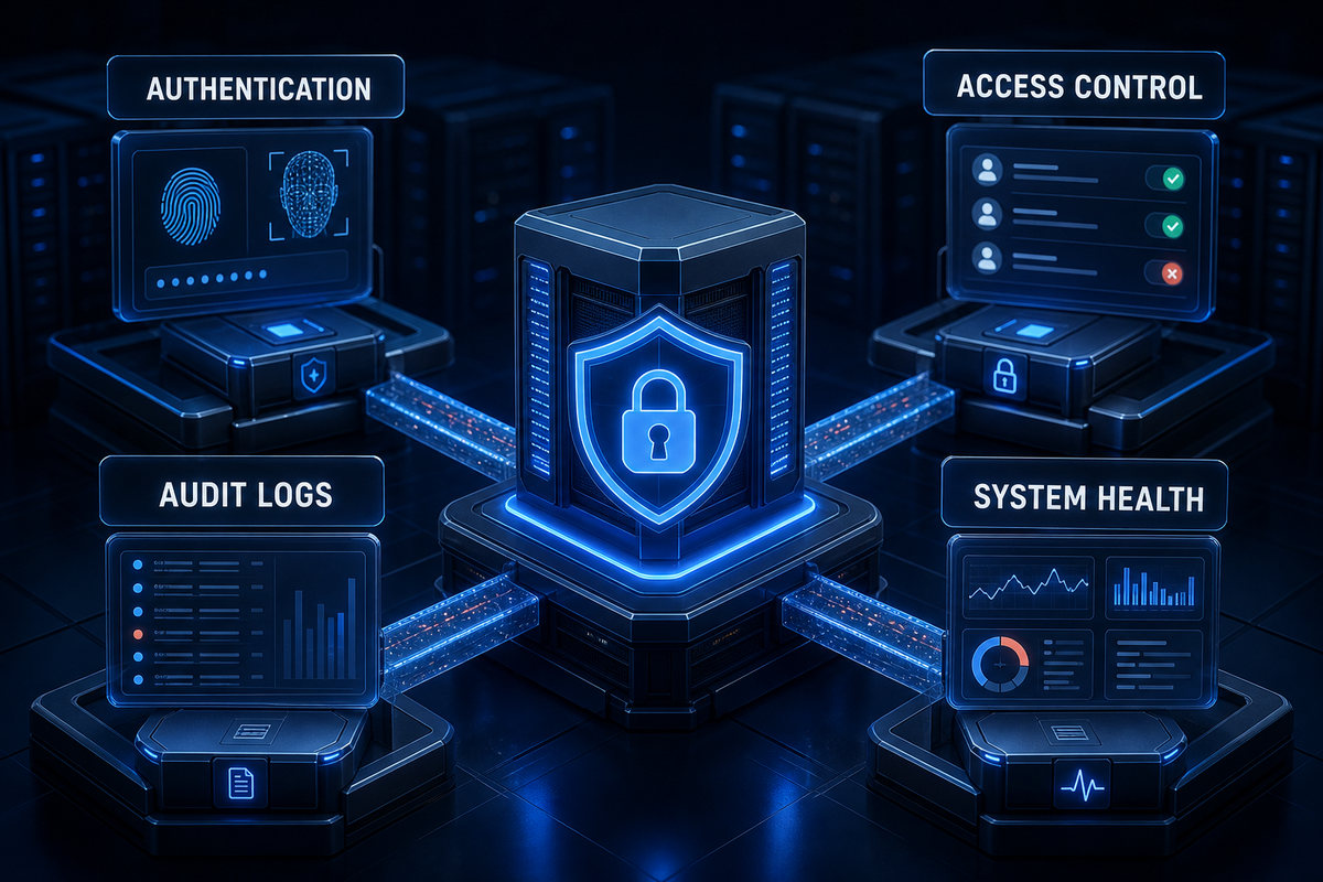 API security controls covering authentication, access control, audit logs and system health
