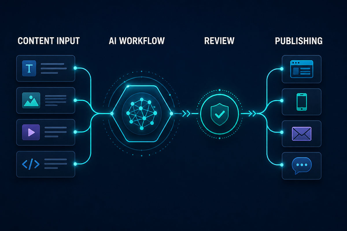 Content engine API workflow from content input and review through publishing