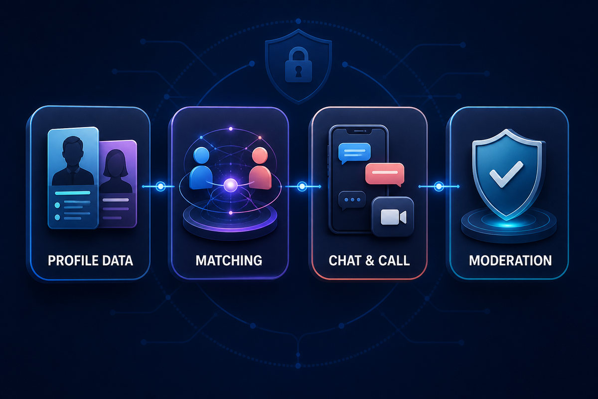 Dating API workflow for profile data, matching, chat and moderation