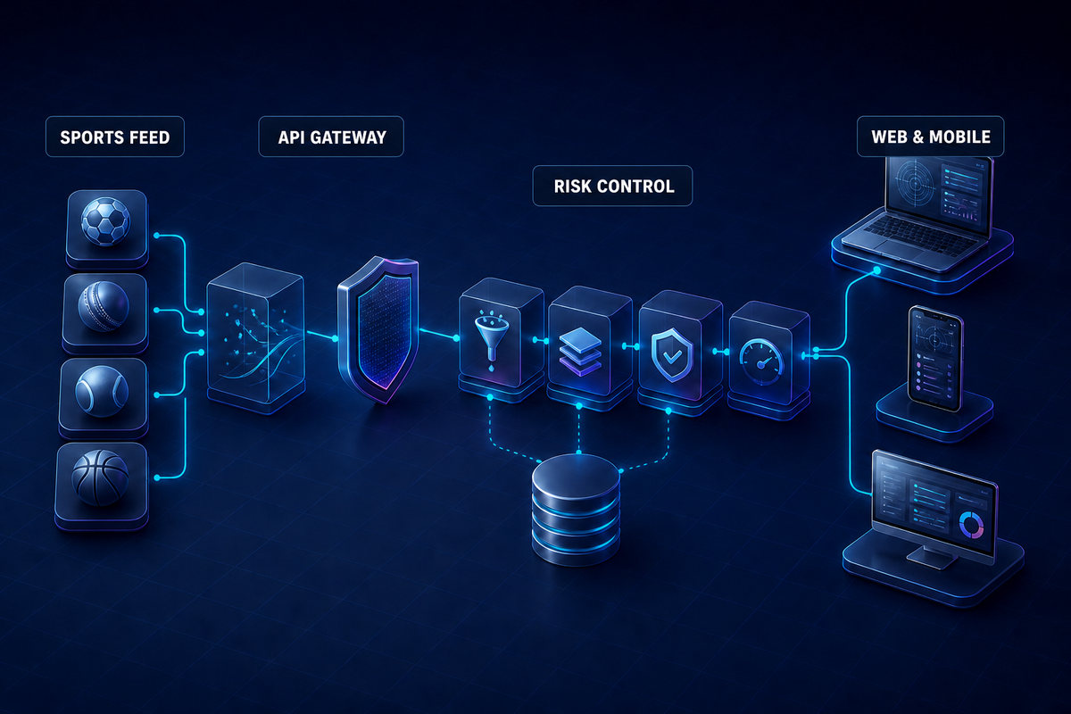 Diamond Exchange API architecture connecting sports feeds, an API gateway, controls and client platforms
