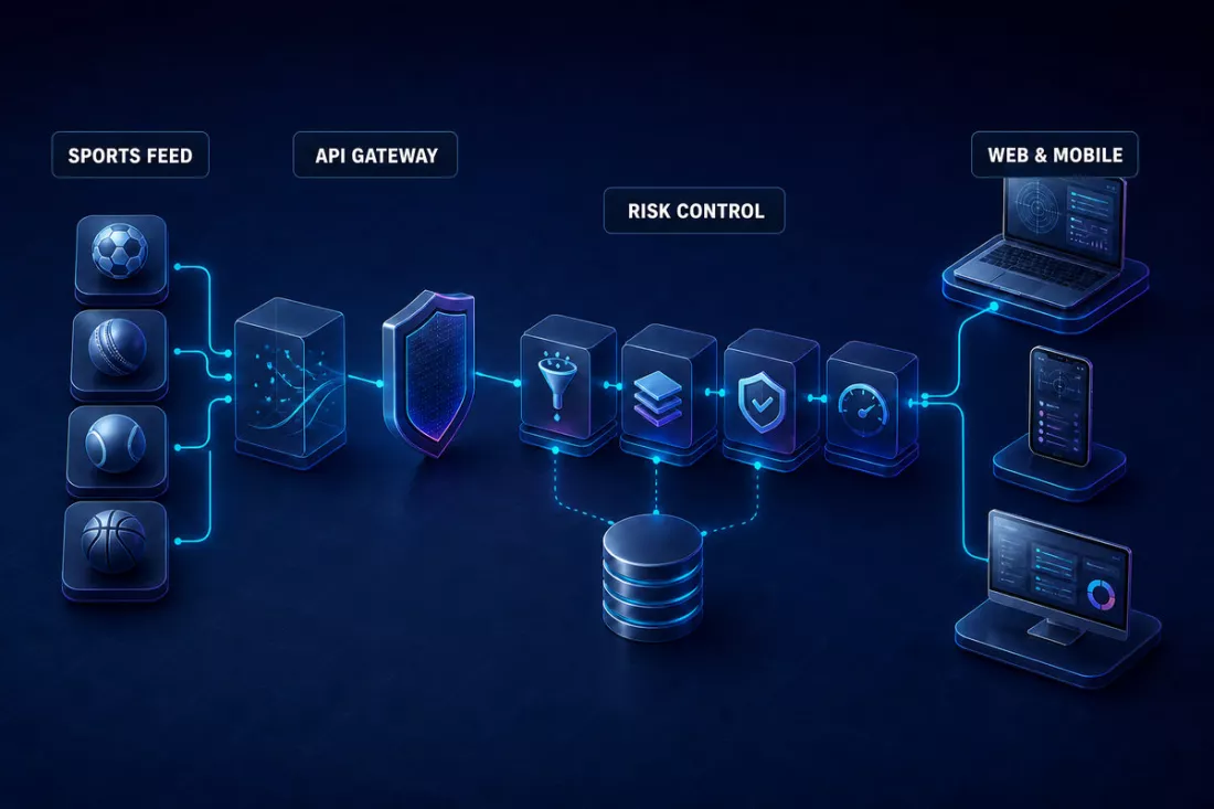 Architecture connecting sports feeds, an API gateway, risk controls and application clients