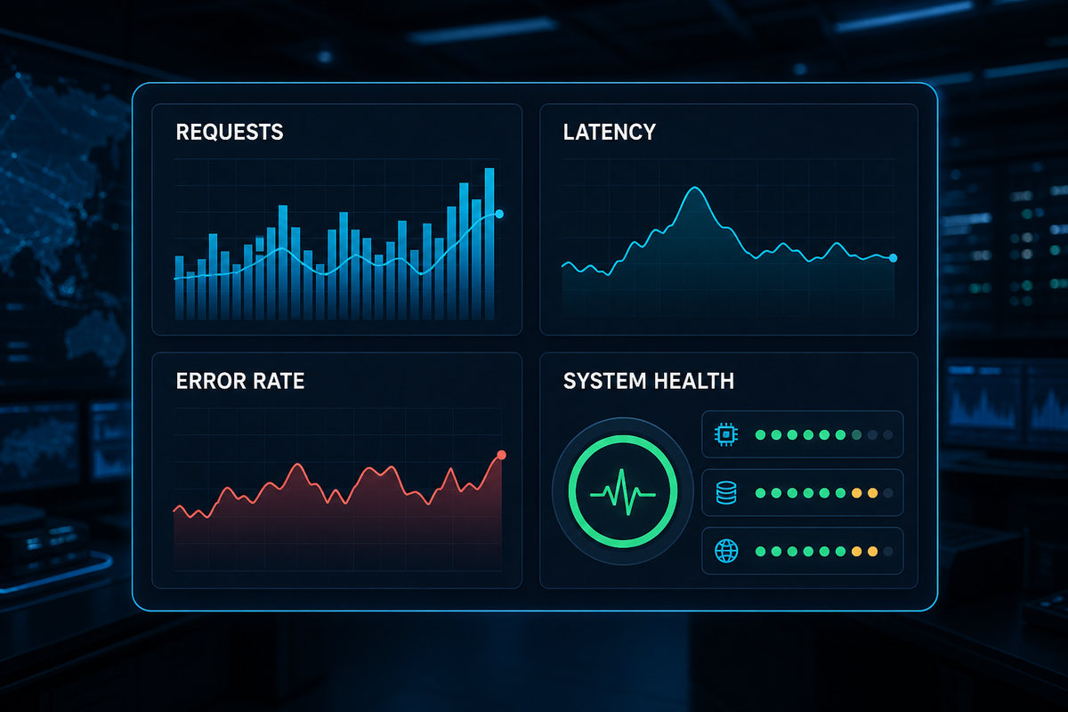 API monitoring dashboard for requests, latency, error rate and system health