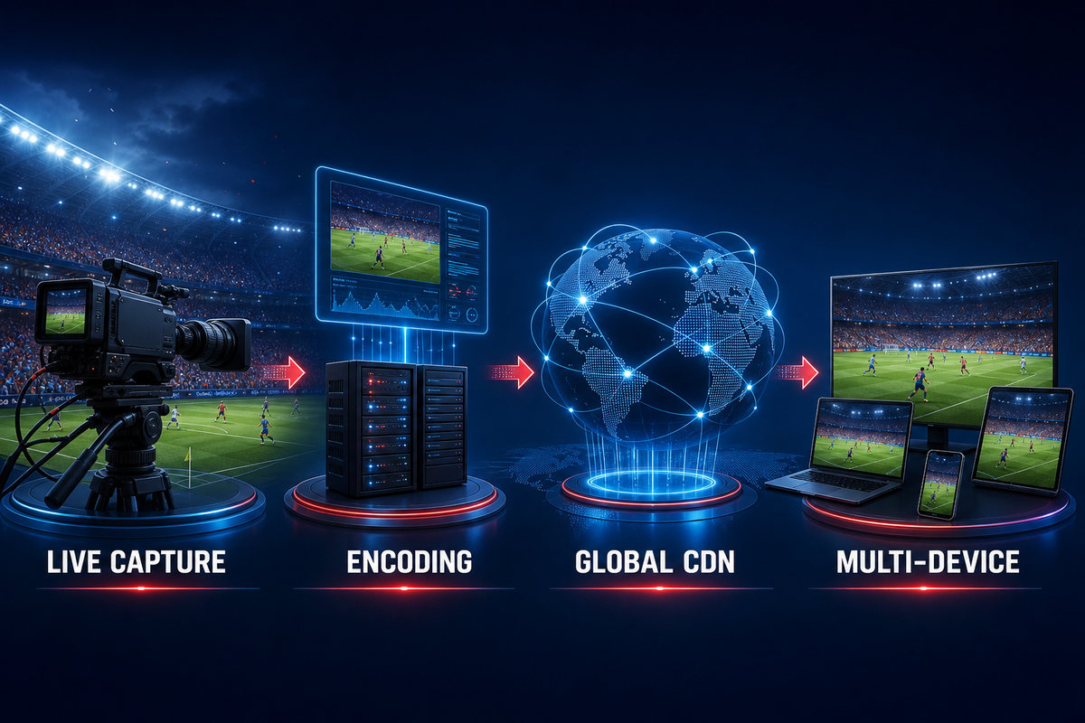 Live sports streaming delivery flow from capture and encoding through a global CDN to multiple devices