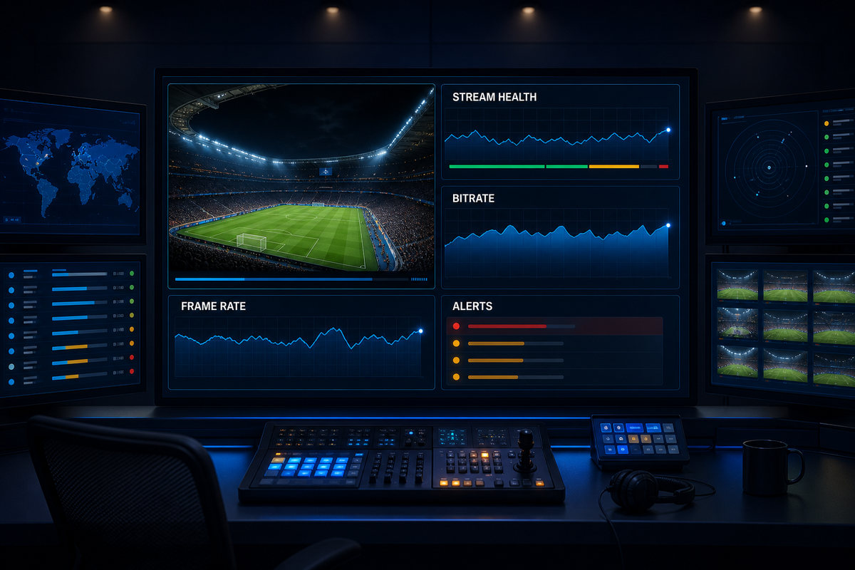 Live stream monitoring dashboard for stream health, bitrate, frame rate and alerts