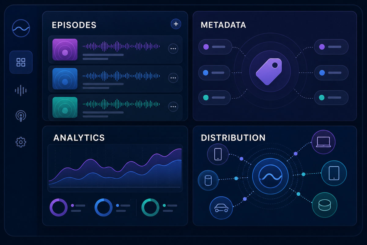 Podcast API dashboard for episodes, metadata, analytics and distribution