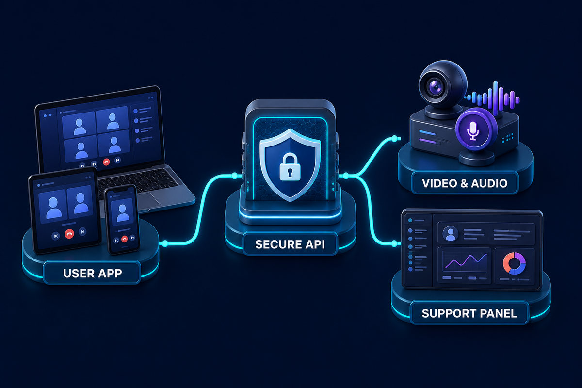 Secure real-time video and audio API connecting user applications with support tools