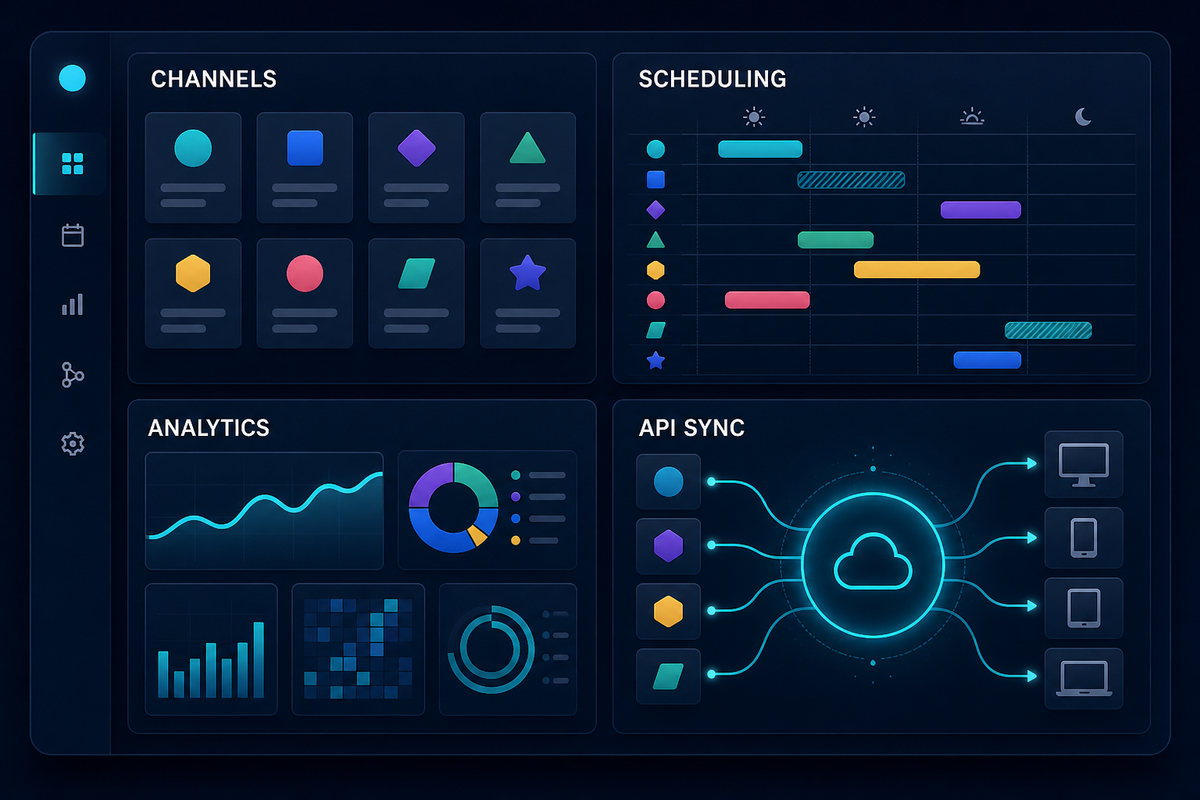 Social content API dashboard for channels, scheduling, analytics and synchronization