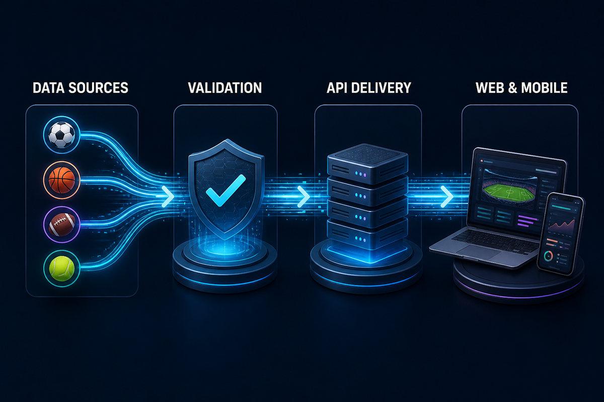 Sports data API flow from data sources through validation to web and mobile delivery