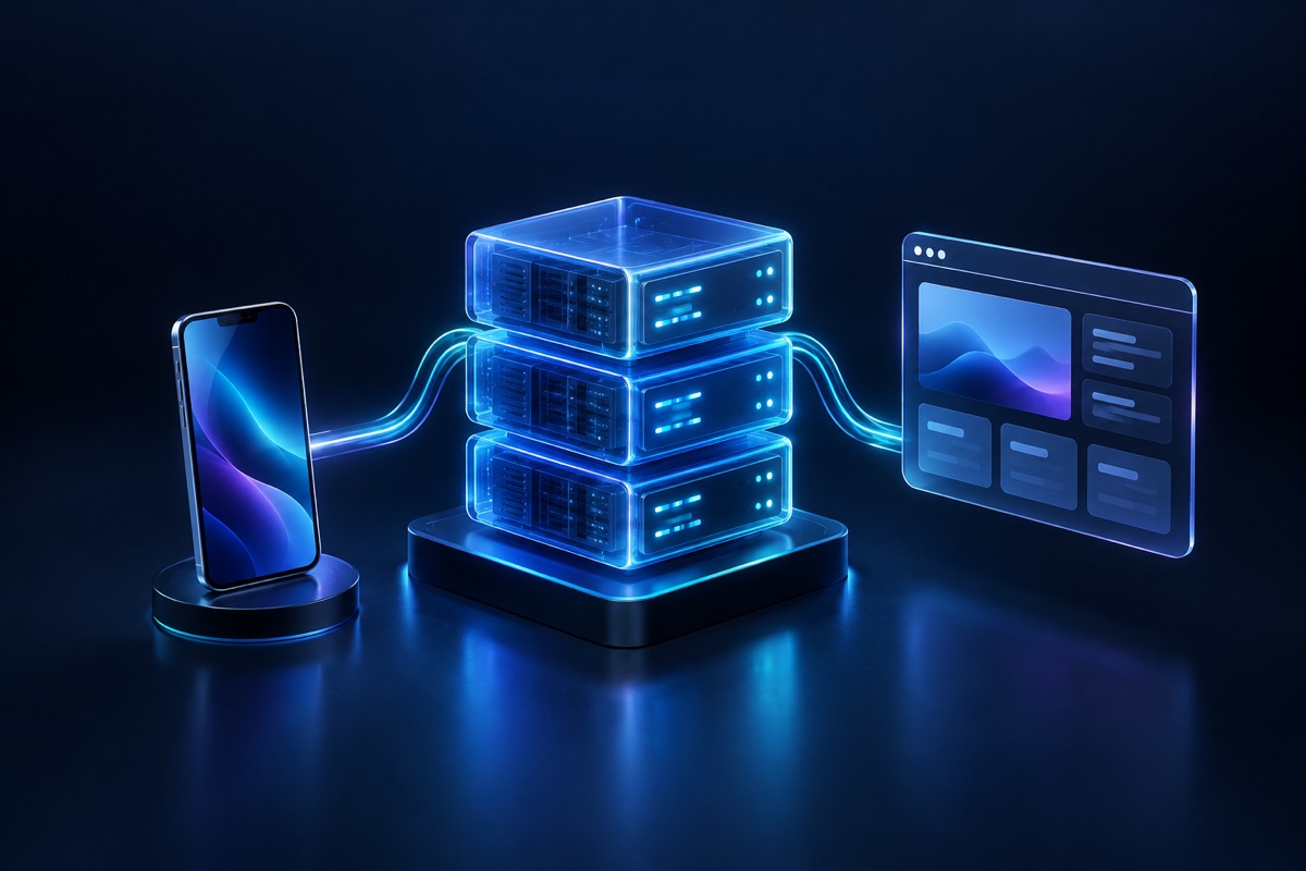 Concept illustration of connected API servers, mobile and web applications